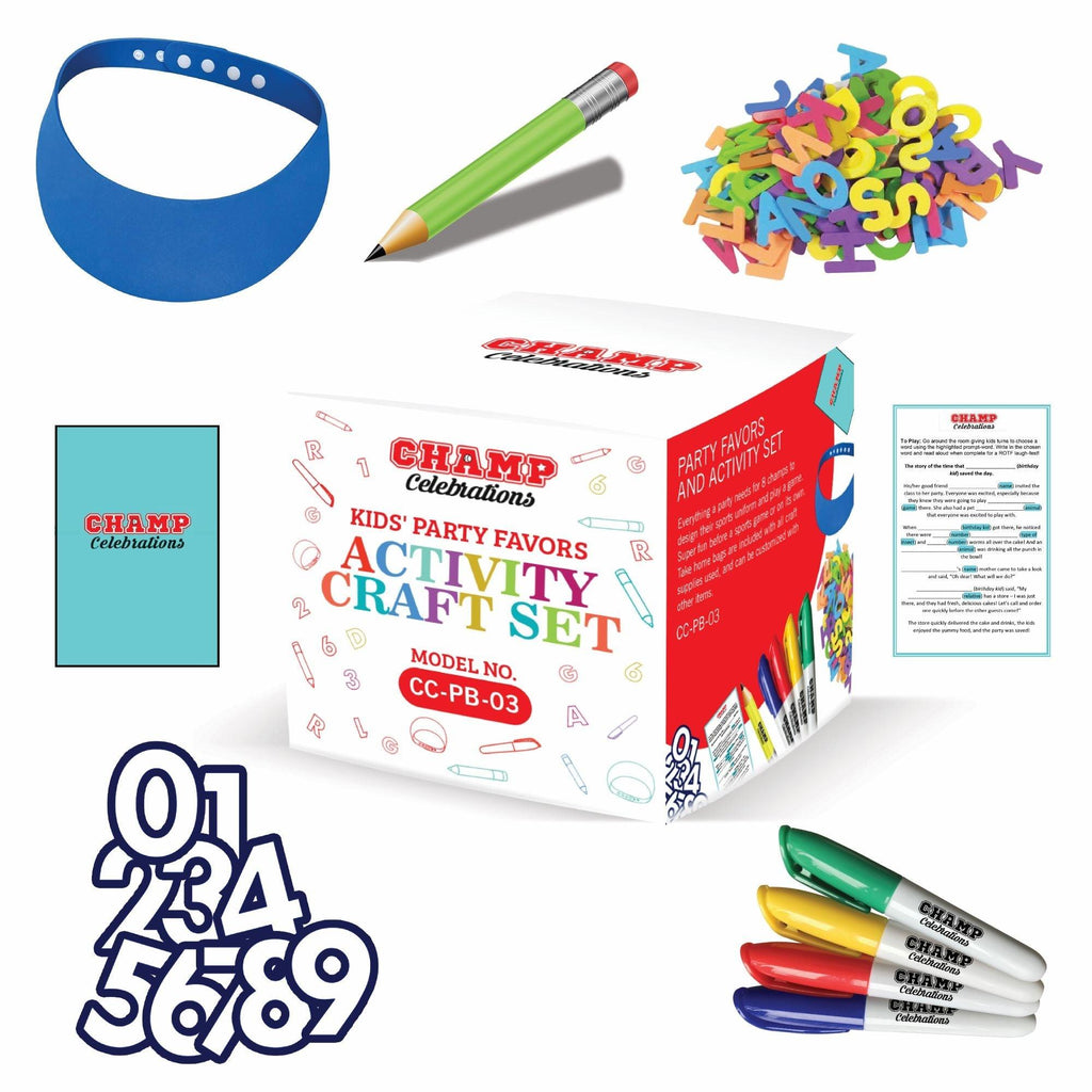 Machrus Champ Celebrations DIY Art & Craft Sports Activity Set w/ 8 Visors, Colorful Foam Alphabet Stickers, Markers, Pencils, Varsity Numbers, Game Cards & Favor Bags - Game Party Set for Crafty Boys & Girls - Machrus USA