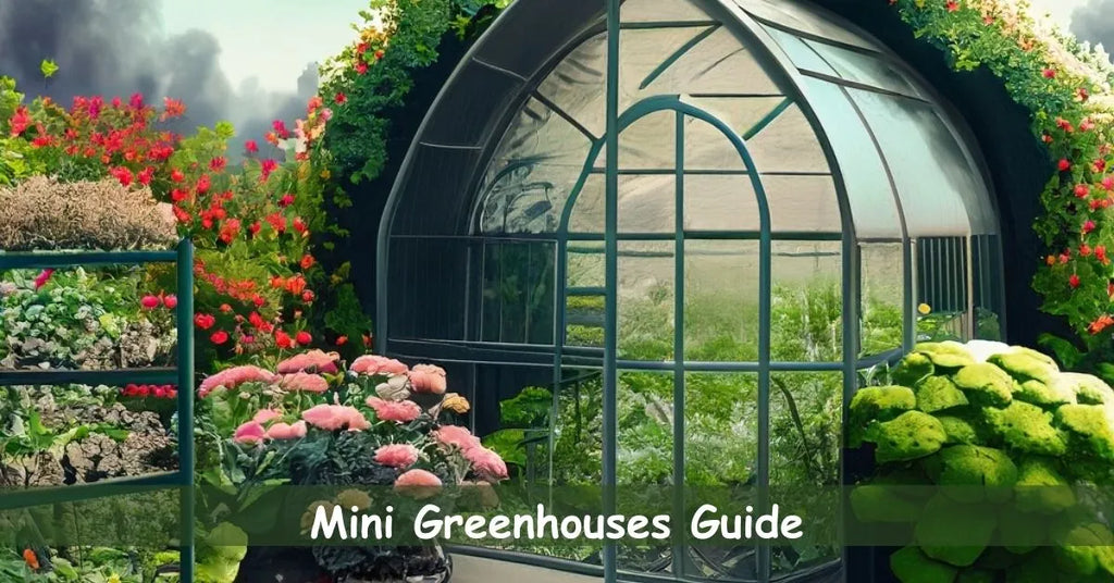 Mini Greenhouses Guide cover - A garden with a small greenhouse surrounded by lush plants and flowers, representing a comprehensive guide to successful year-round gardening