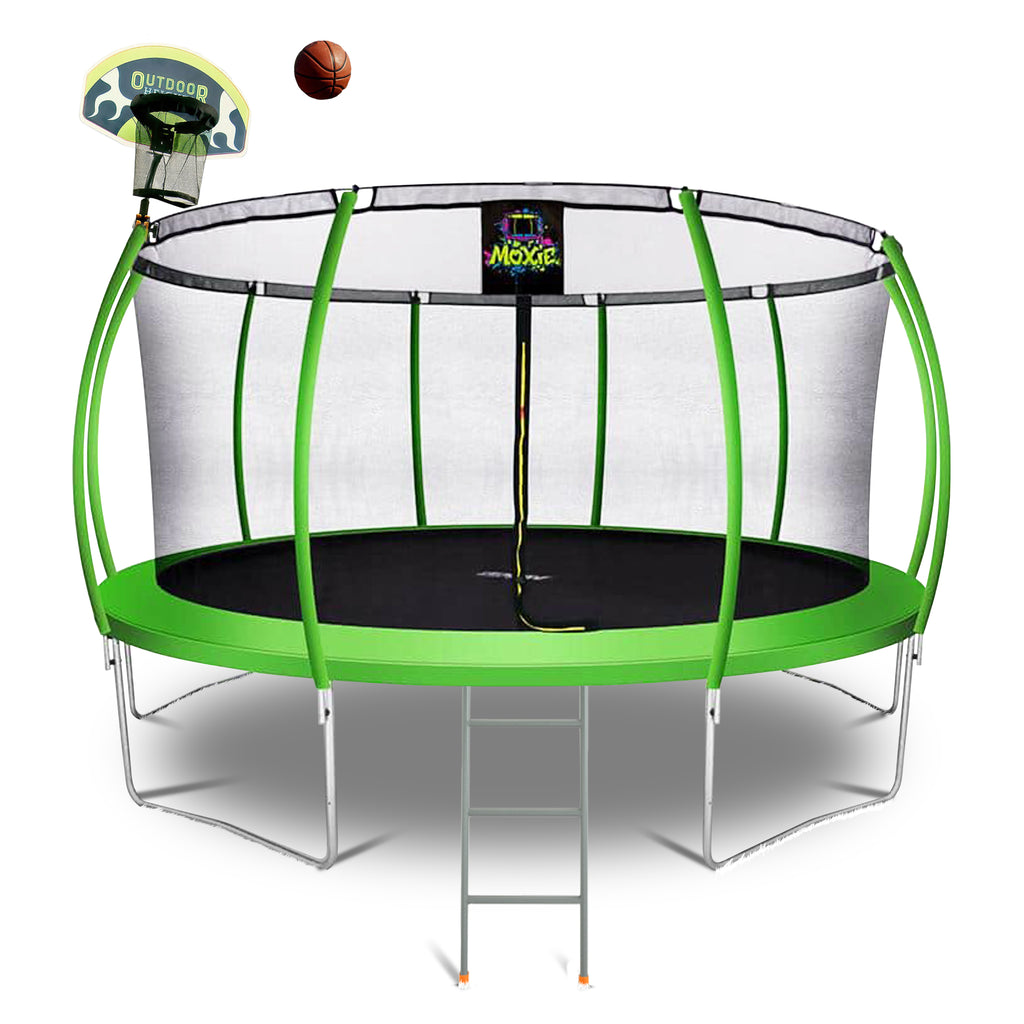 Machrus Moxie Pumpkin-Shaped Outdoor Trampoline Set with Premium Top-Ring Frame Safety Enclosure, 15 FT - Green Apple including Trampoline Basketball Hoop with Ball & Pump and 42" Trampoline 3 Step Ladder