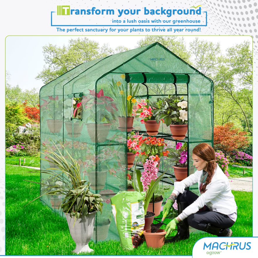 Machrus Ogrow Deluxe Walk-In Greenhouse with 2 Tiers and 8 Shelves