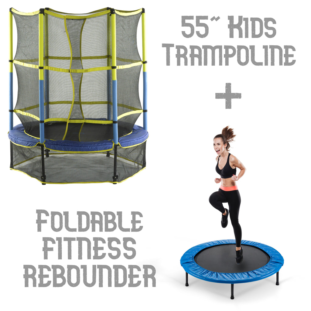 Machrus Upper Bounce 55" Mini Kids Trampoline + Round Foldable Fitness Rebounder with Blue Safety Pad - Family Set for Children & Adults