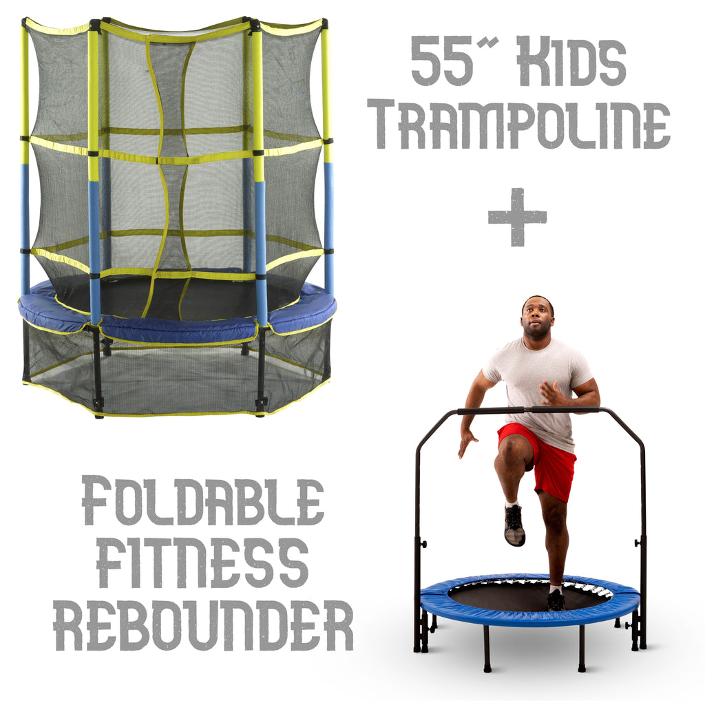 Machrus Upper Bounce 55" Mini Kids Trampoline + Round Foldable Fitness Rebounder with Handrail & Blue Safety Pad - Family Set for Children & Adults