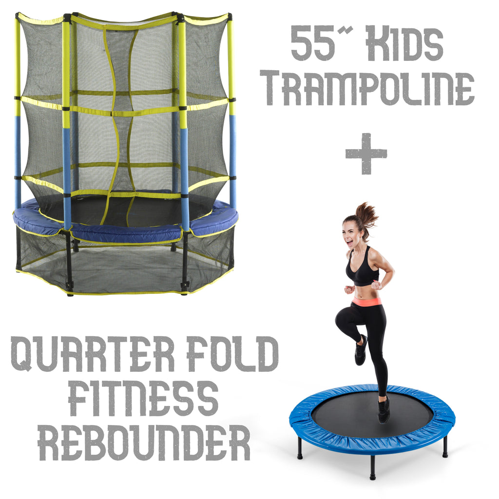 Machrus Upper Bounce 55" Mini Kids Trampoline + Round Quarter Fold Fitness Rebounder with Carry-on Bag & Blue Safety Pad - Family Set for Children & Adults