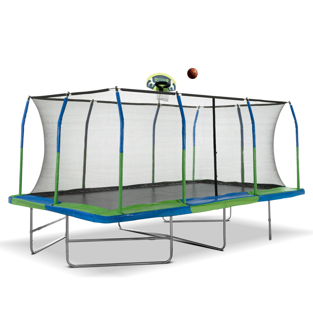 Machrus Upper Bounce 10' X 17' Gymnastics Style, Rectangular Trampoline Set with Premium Top-Ring Enclosure System and Trampoline Basketball Hoop with Ball & Pump