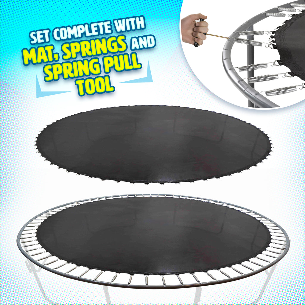 Machrus Upper Bounce Trampoline Replacement Mat set with Sturdy V-Rings and Springs - Set Includes Mat, Springs, V-Rings & Spring Pull Tool
