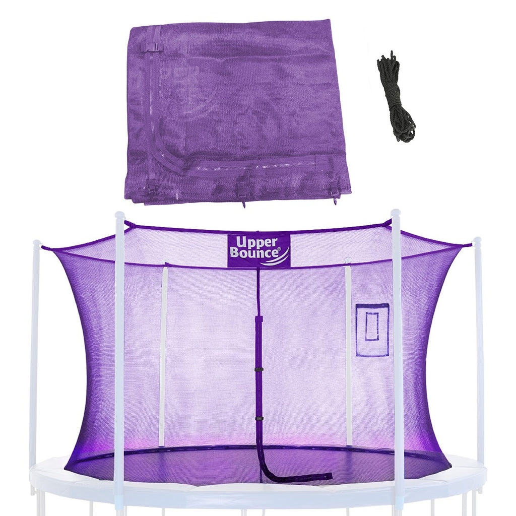 Machrus Upper Bounce Trampoline Safety Net Fits 12 ft Round Trampolines using 6 Poles or 3 Arches with Adjustable Straps - Trampoline Net with Smartphone/Tablet Pouch for Selfies and Livestream - Purple