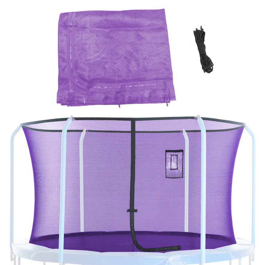 Machrus Upper Bounce Trampoline Safety Net Fits 12 ft Round Trampolines using 6 Curved Poles with Top Ring Frame - Trampoline Net for Smartphone/Tablet Pouch for Selfie and Livestream - Purple