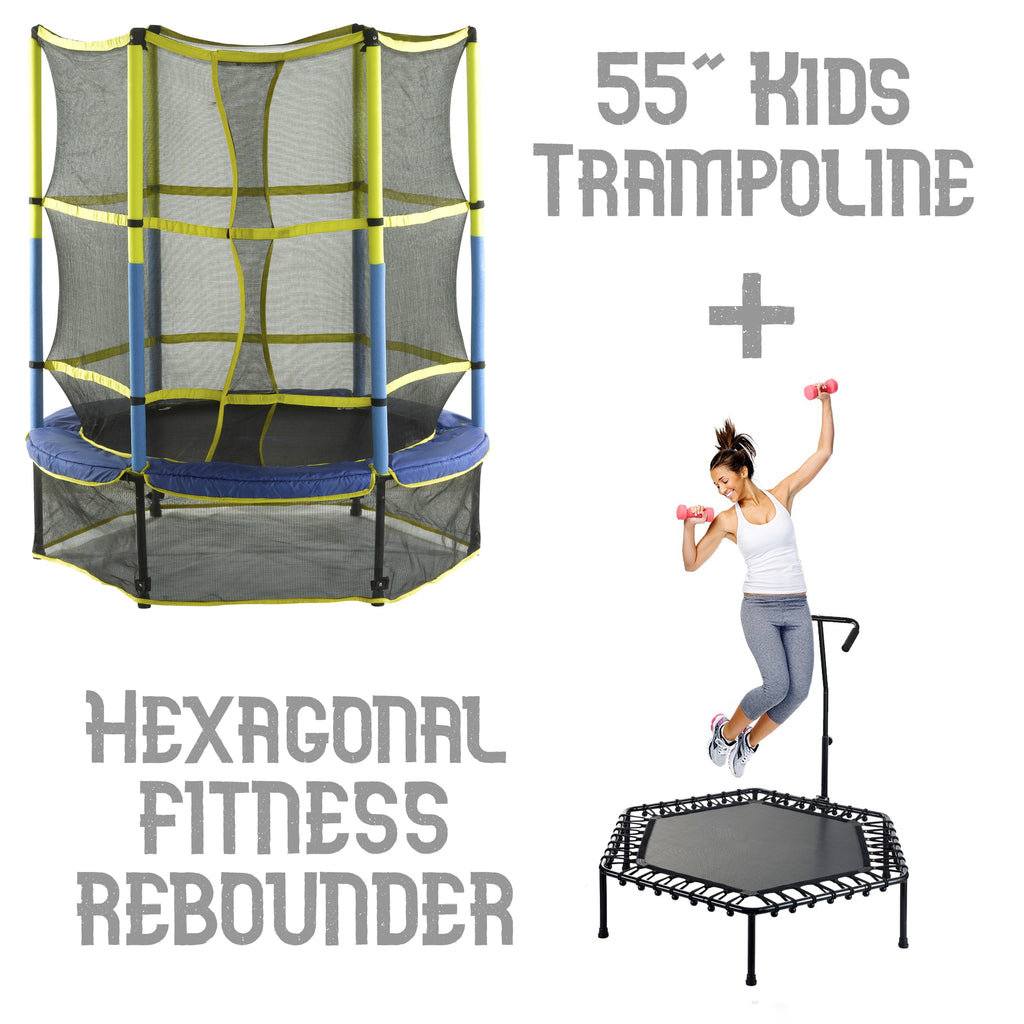 Machrus Upper Bounce 55" Mini Kids Trampoline 50" Hexagonal Fitness Rebounder with Handrail & Yellow Safety Pad - Family Set for Children & Adults