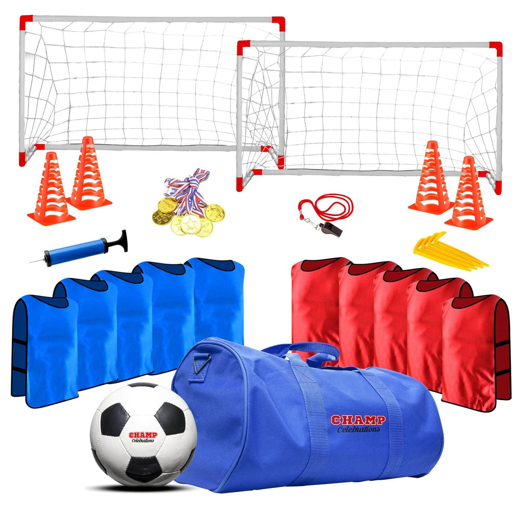Machrus Champ Celebrations® All-In-One Soccer Set |Kids Premium Party Bag, Jerseys, Field Goals, Marker Cones, Soccer Ball, Air Pump, Whistle & Gold Medals |Kids Sports Soccer Practice Set -12 Players - Machrus USA