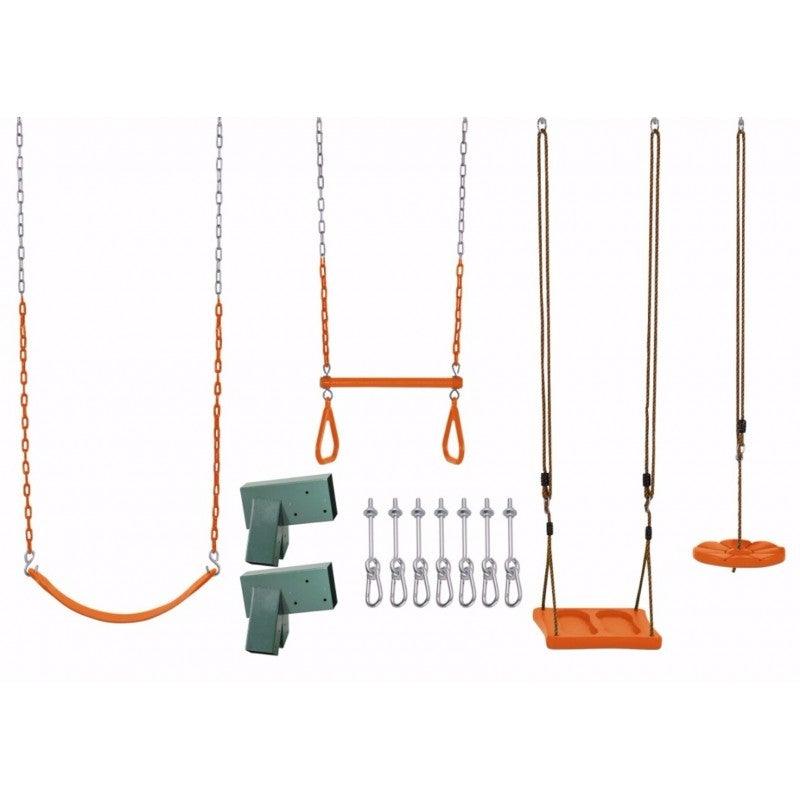 Machrus Swingan DIY Swing Set Kit - With Belt Swing, Trapeze Bar, Disc Swing And Standing Swing - A-Frame Brackets And All Assembly Hardware Included - Wood Beams Not Included - Machrus USA
